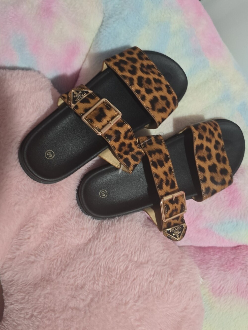 Leopard Print Double-Buckle Slide Sandals - Women's